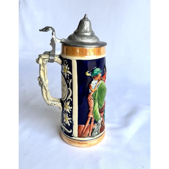 Ceramic Beer Stein, Metal Lid Covered, People Drinking Around Table, Germany - Picture 2 of 10